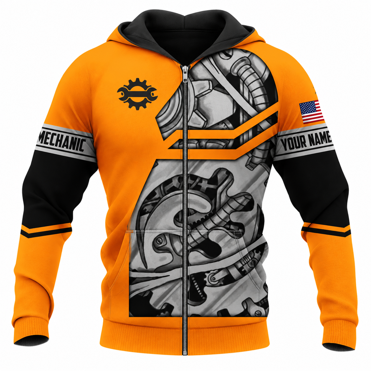 Personalized Mechanic Zip Hoodie - Orange Gear And Wrench - front view