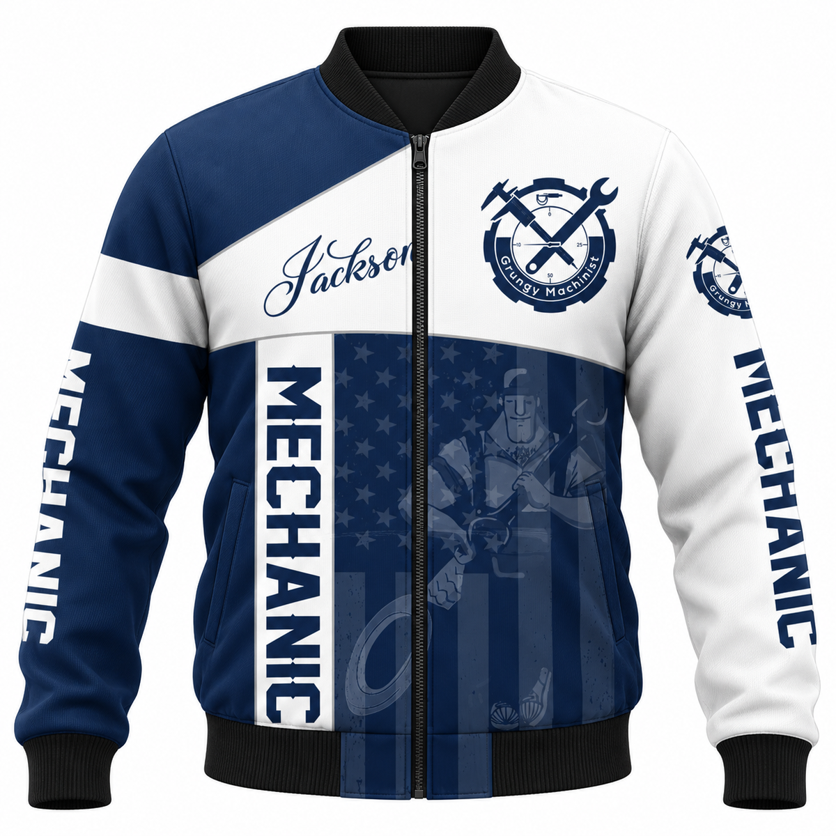 Personalized Mechanic Bomber Jacket - Navy White Crossed Tools - front view