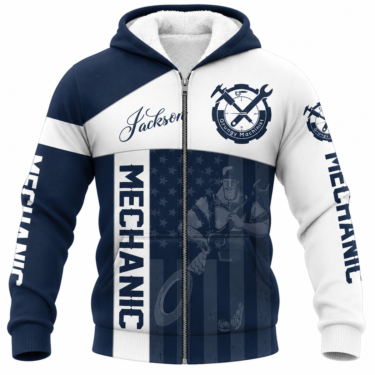 Personalized Mechanic Fleece Zip Hoodie - Navy White Crossed Tools - front view
