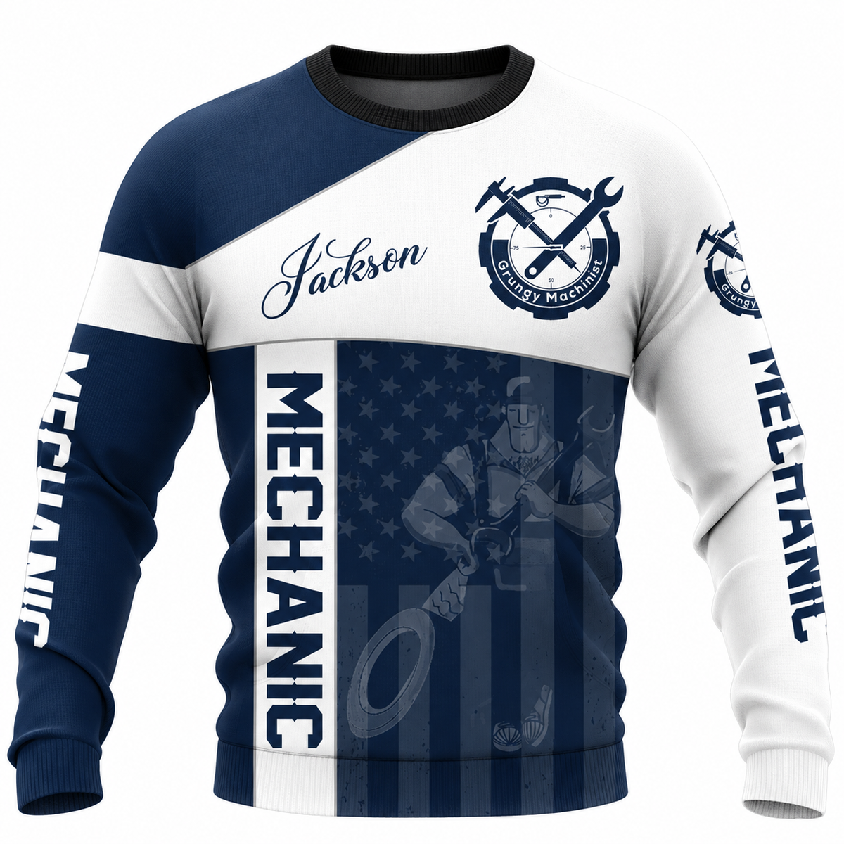 Personalized Mechanic Sweatshirt - Navy White Crossed Tools - front view