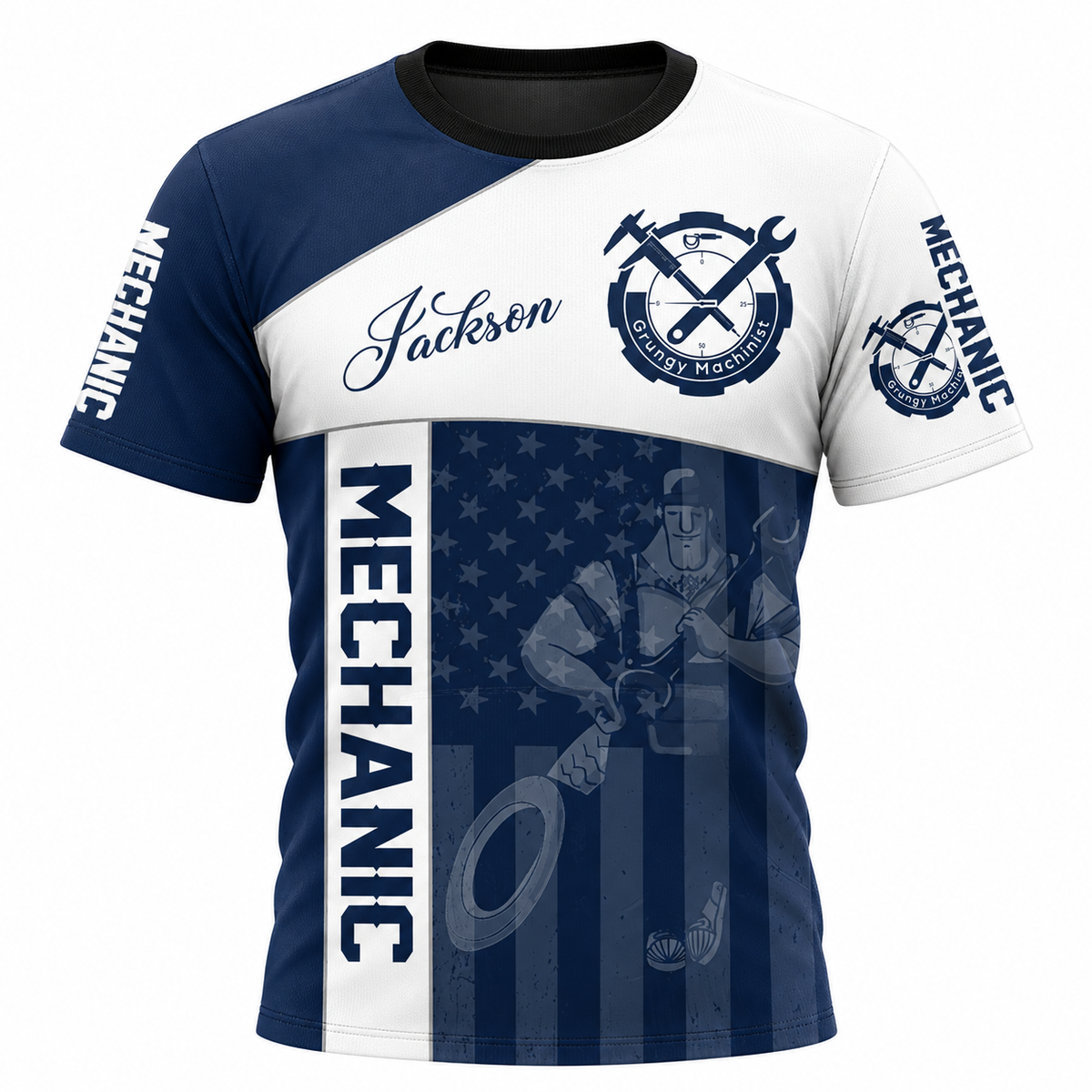 Personalized Mechanic T-Shirt - Navy White Crossed Tools - front view