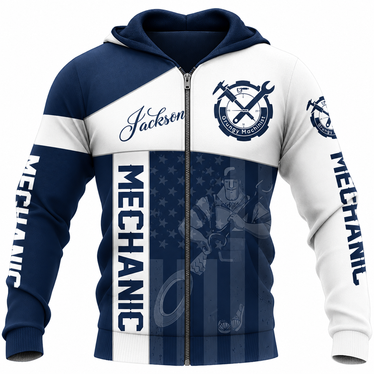 Personalized Mechanic Zip Hoodie - Navy White Crossed Tools - front view
