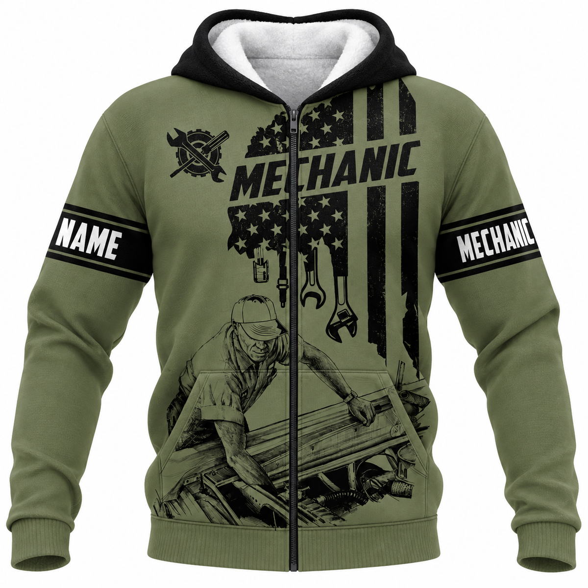Personalized Mechanic Fleece Zip Hoodie - Olive Green American Flag Mechanic - front view