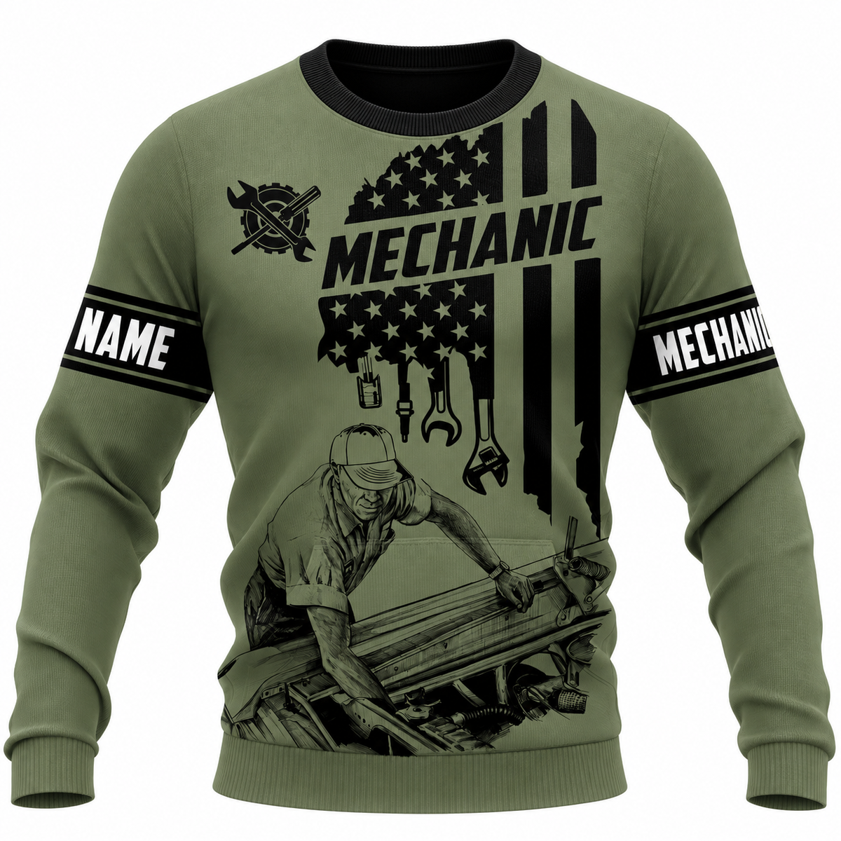 Personalized Mechanic Sweatshirt - Olive Green American Flag Mechanic - front view