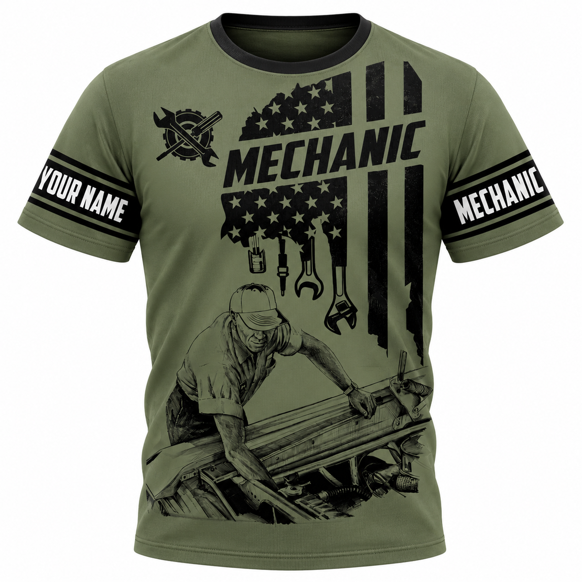 Personalized Mechanic T-Shirt - Olive Green American Flag Mechanic - front view