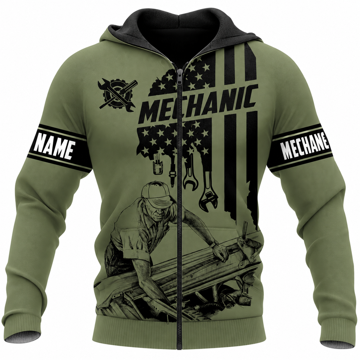 Personalized Mechanic Zip Hoodie - Olive Green American Flag Mechanic - front view
