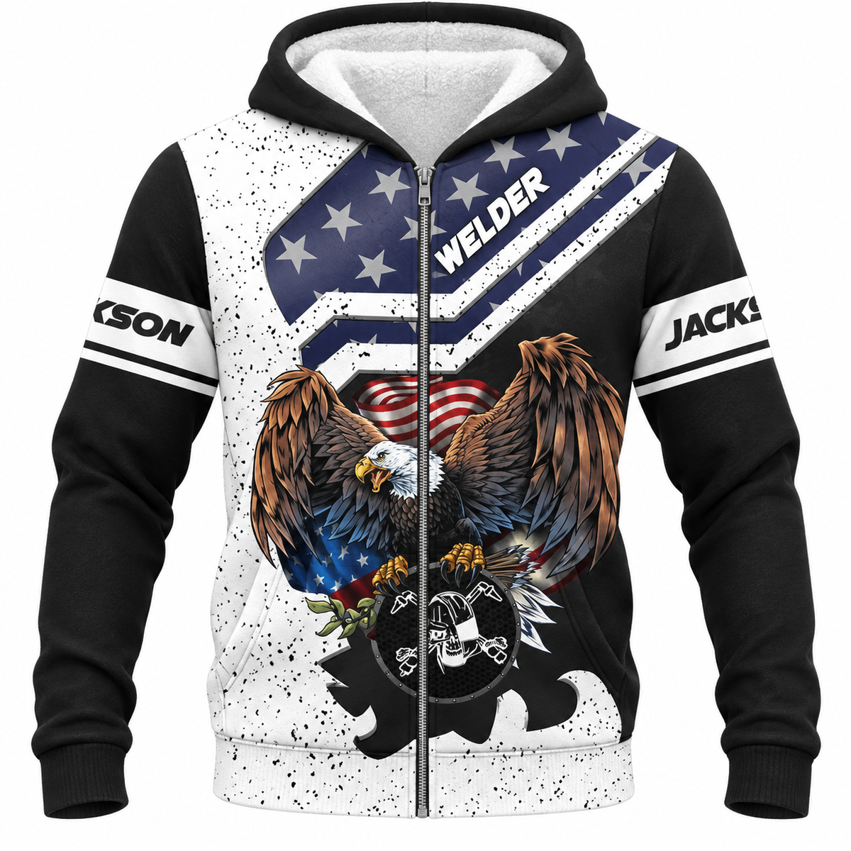 Personalized Welder Fleece Zip Hoodie - Black White American Eagle - front view