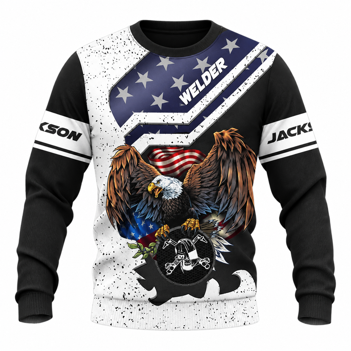 Personalized Welder Sweatshirt - Black White American Eagle - front view