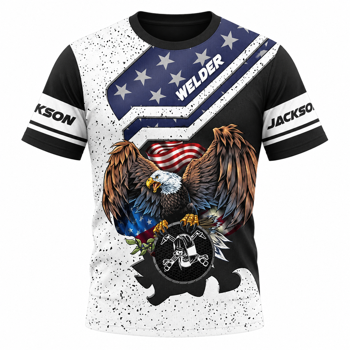 Personalized Welder T-Shirt - Black White American Eagle - front view