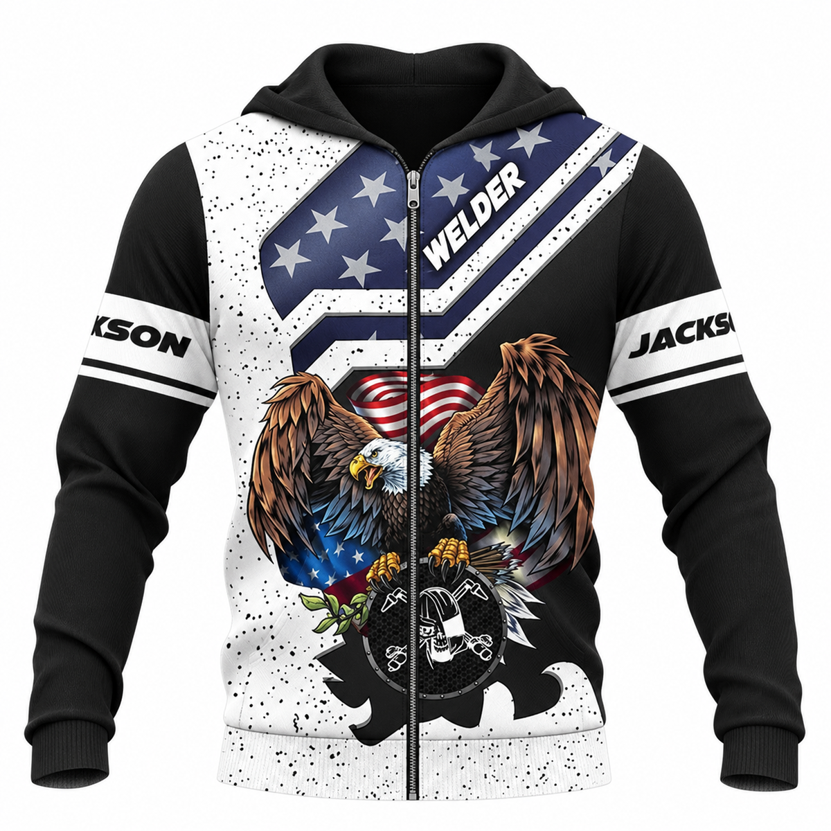 Personalized Welder Zip Hoodie - Black White American Eagle - front view