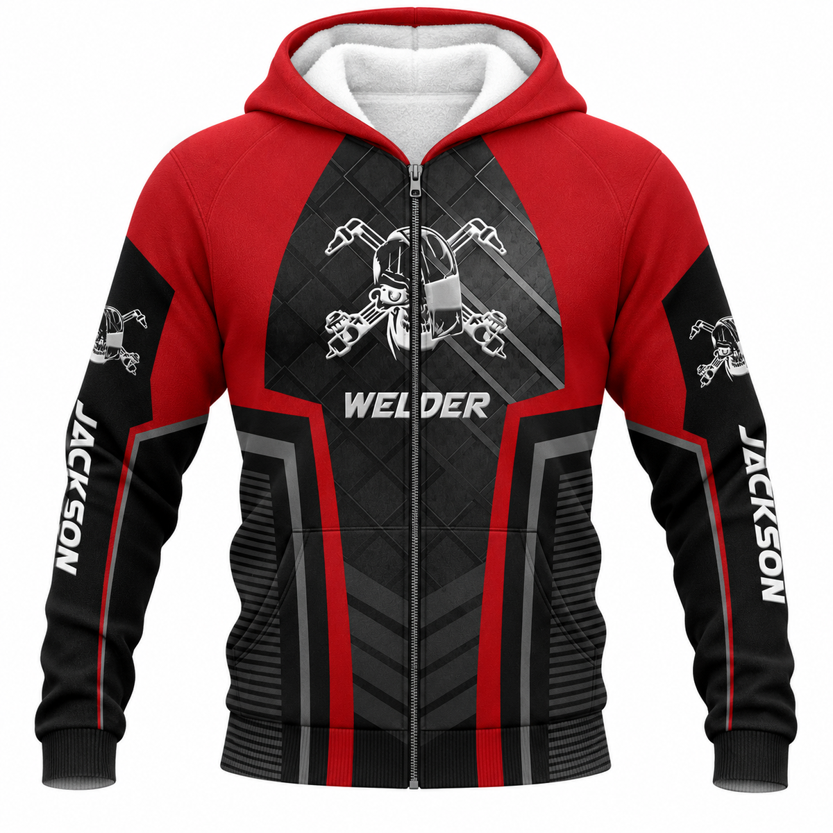 Personalized Welder Fleece Zip Hoodie - Red Black Welding Helmet Badge - front view
