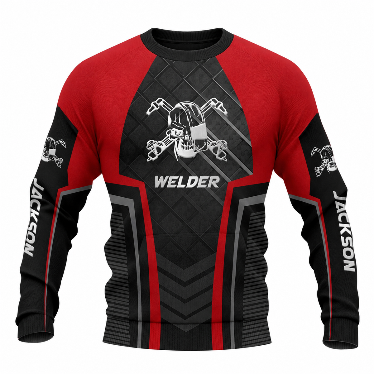 Personalized Welder Sweatshirt - Red Black Welding Helmet Badge - front view