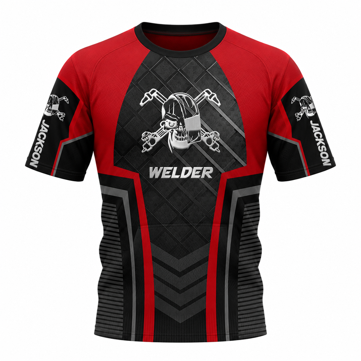 Personalized Welder T-Shirt - Red Black Welding Helmet Badge - front view