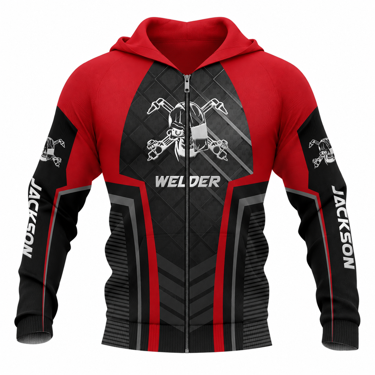 Personalized Welder Zip Hoodie - Red Black Welding Helmet Badge - front view
