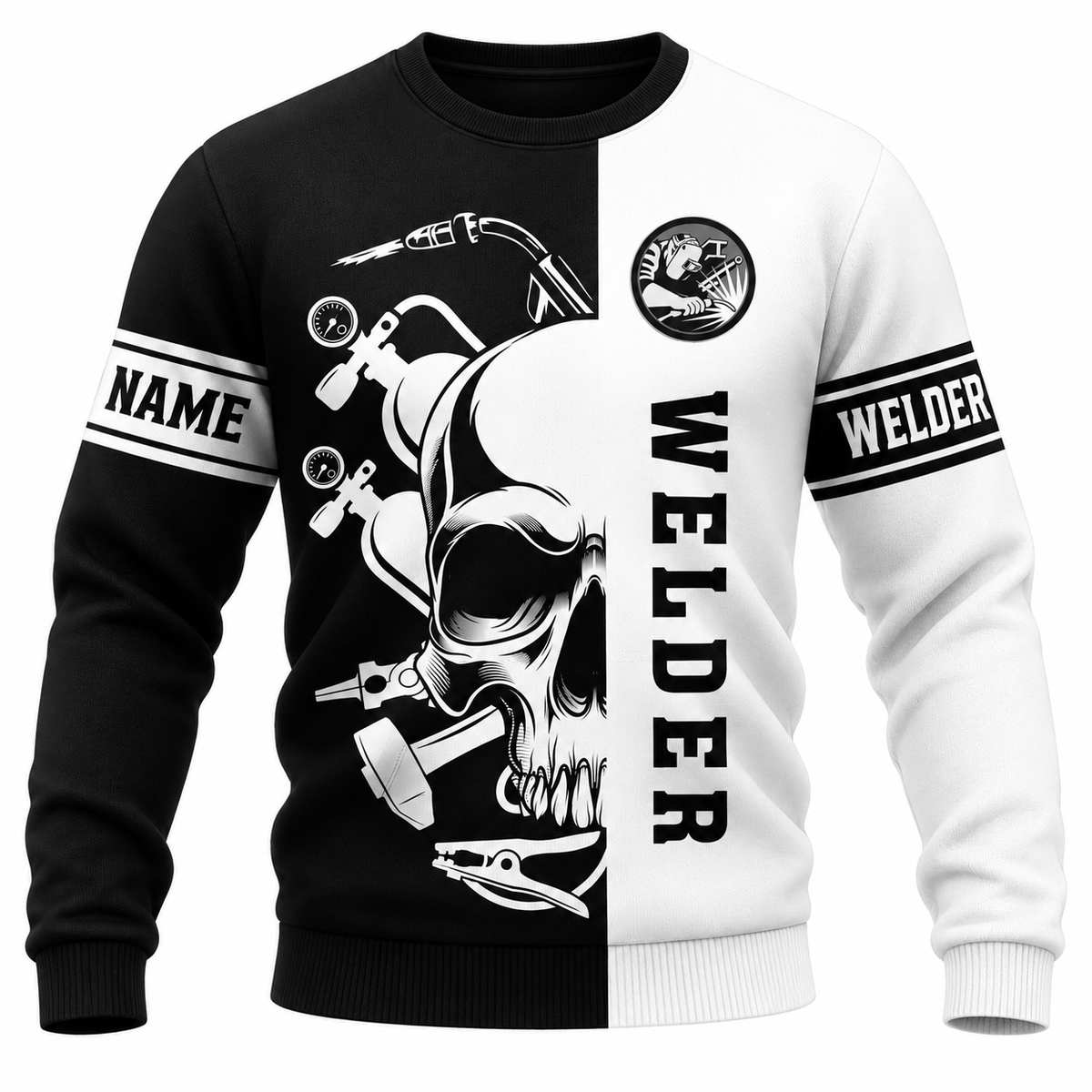 Personalized Welder Sweatshirt - Black White Welder Skull - front view