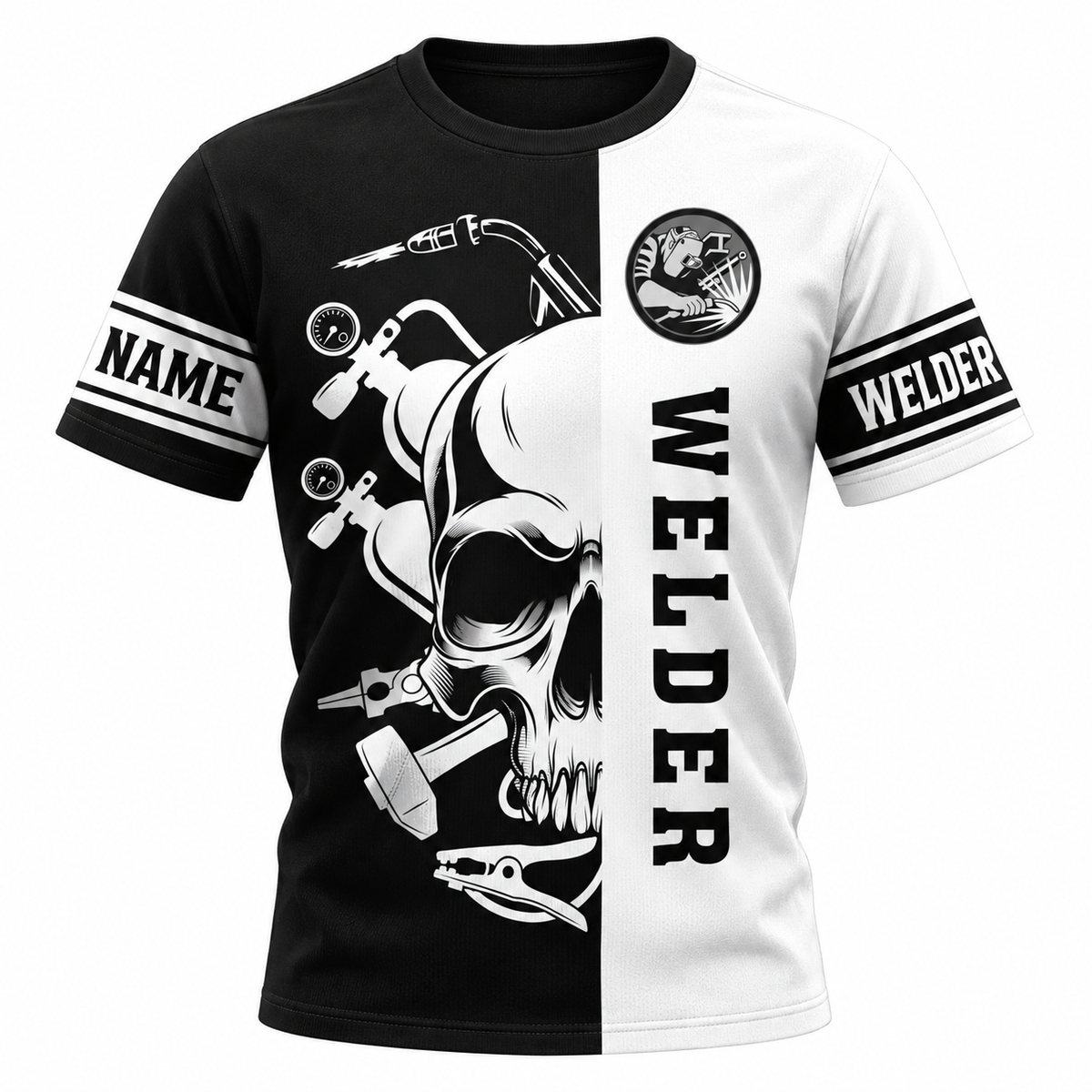 Personalized Welder T-Shirt - Black White Welder Skull - front view