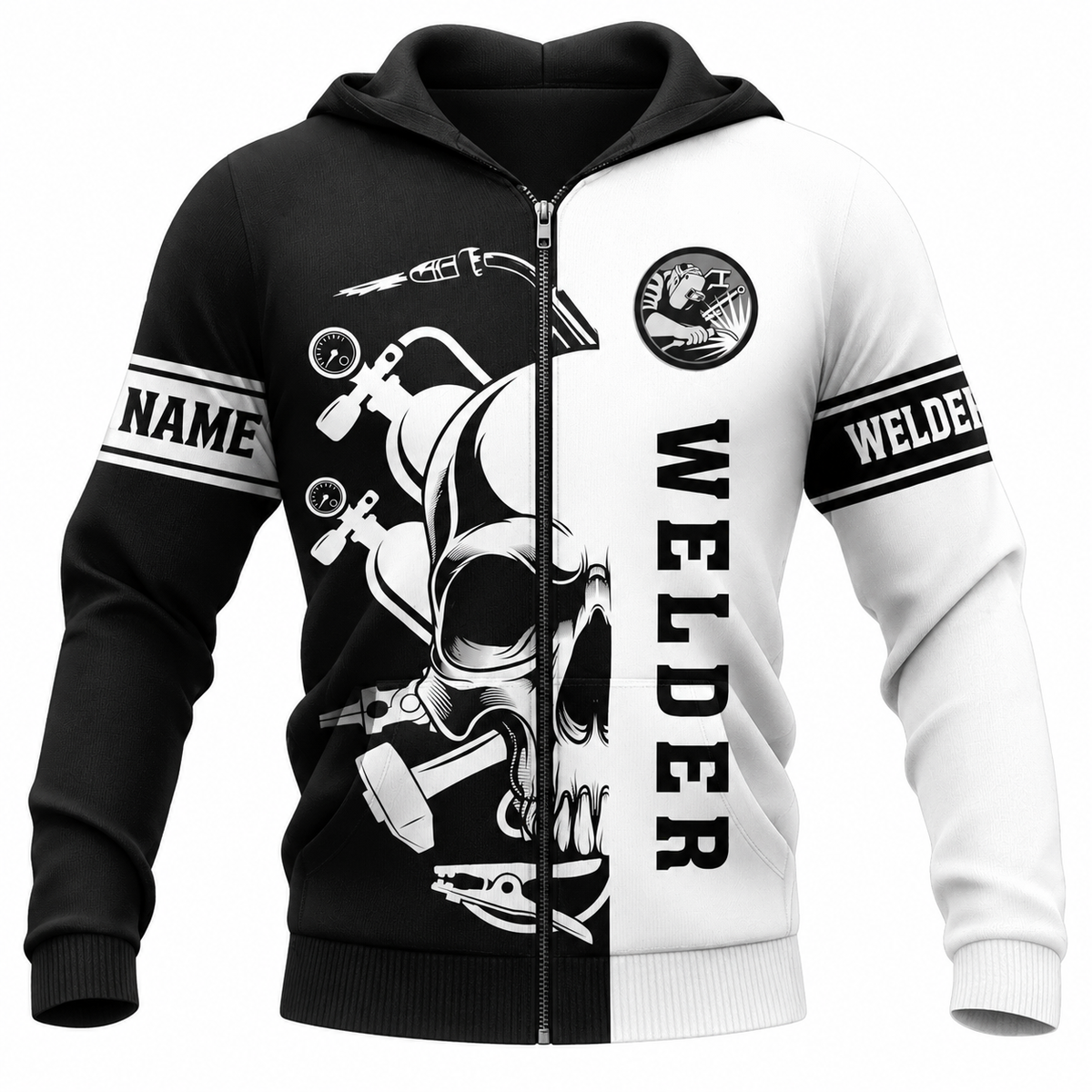 Personalized Welder Zip Hoodie - Black White Welder Skull - front view