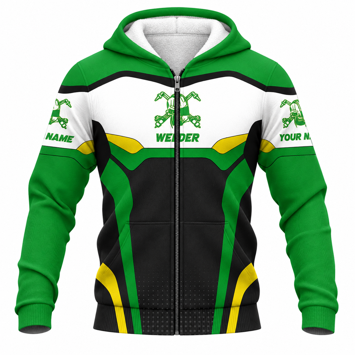 Personalized Welder Fleece Zip Hoodie - Green White Welding Badge - front view