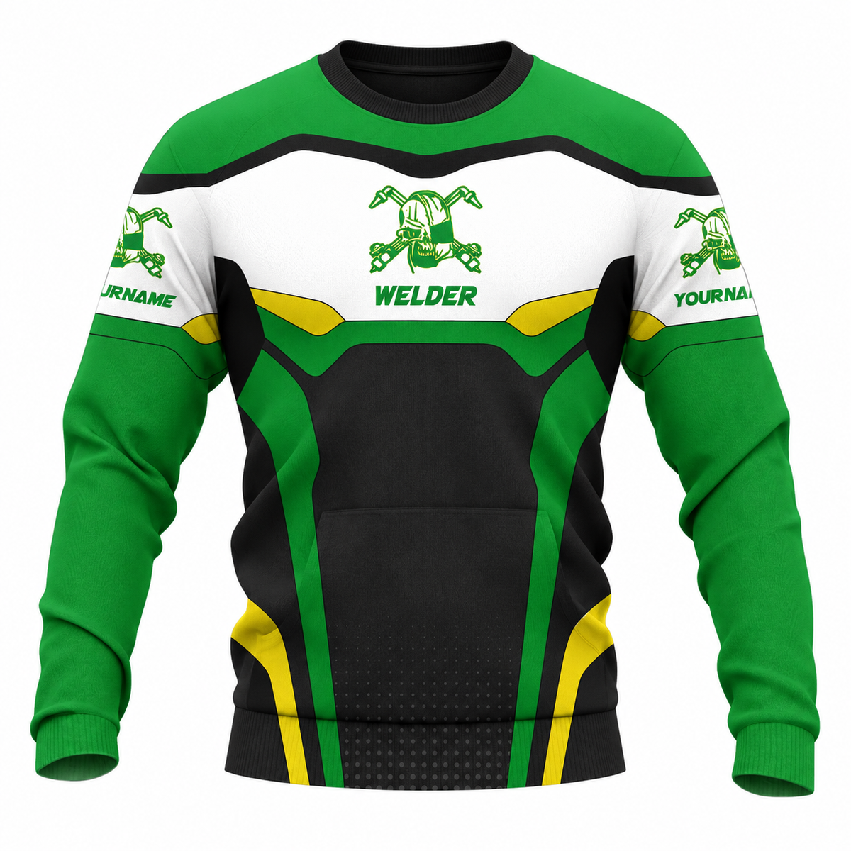 Personalized Welder Sweatshirt - Green White Welding Badge - front view