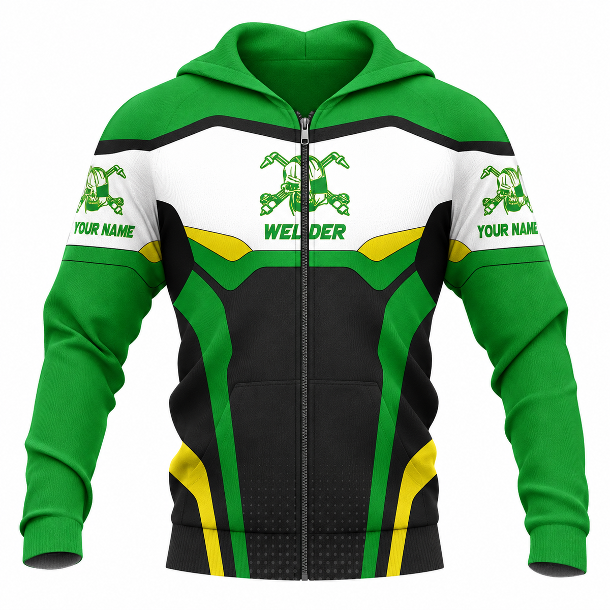 Personalized Welder Zip Hoodie - Green White Welding Badge - front view