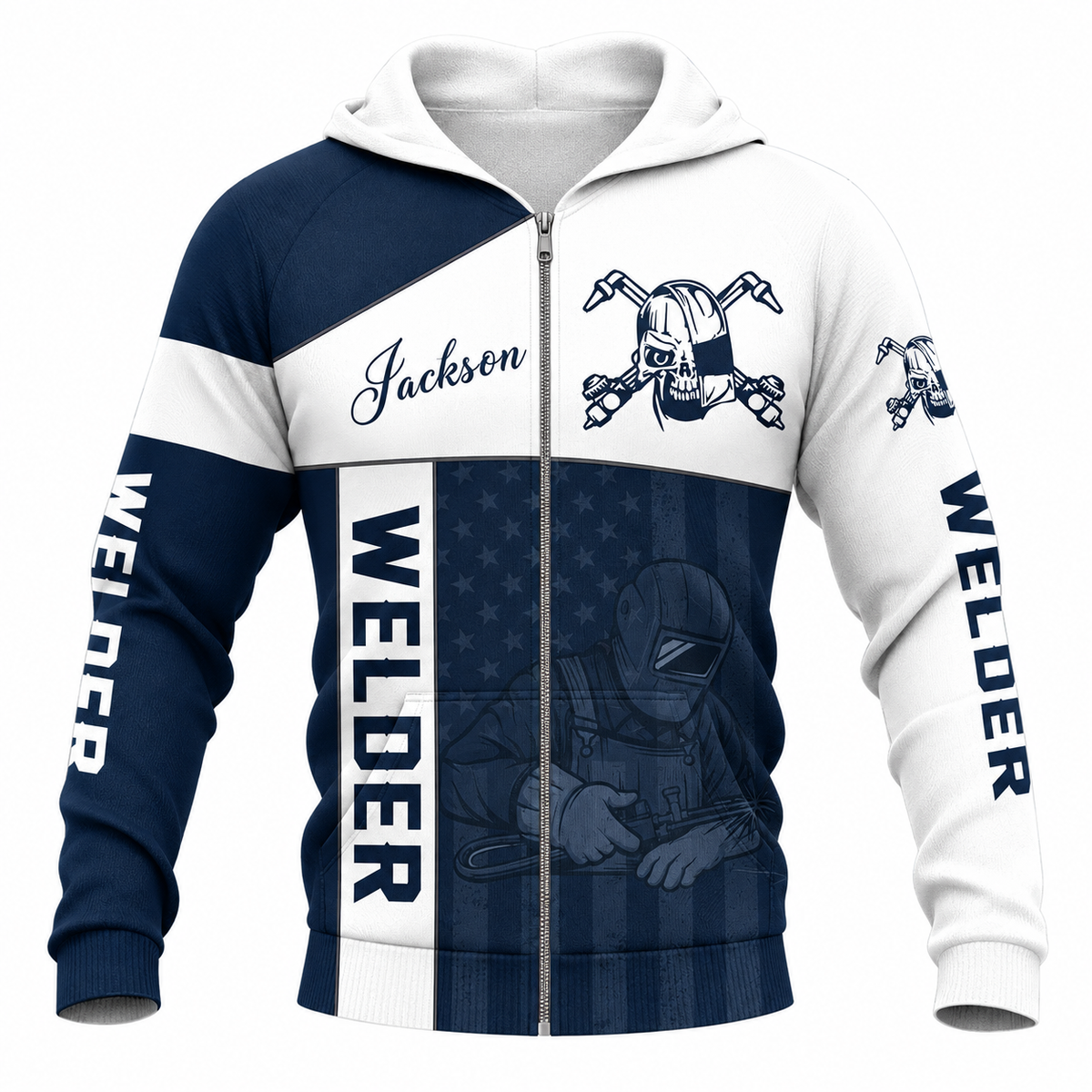 Personalized Welder Zip Hoodie - Navy White Welding Tools - front view