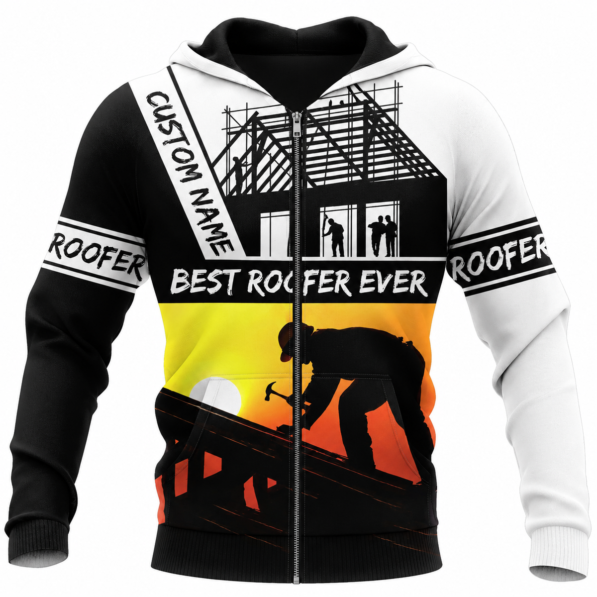 Roofer Zip Hoodie - White Sunset Best Roofer Ever - front view