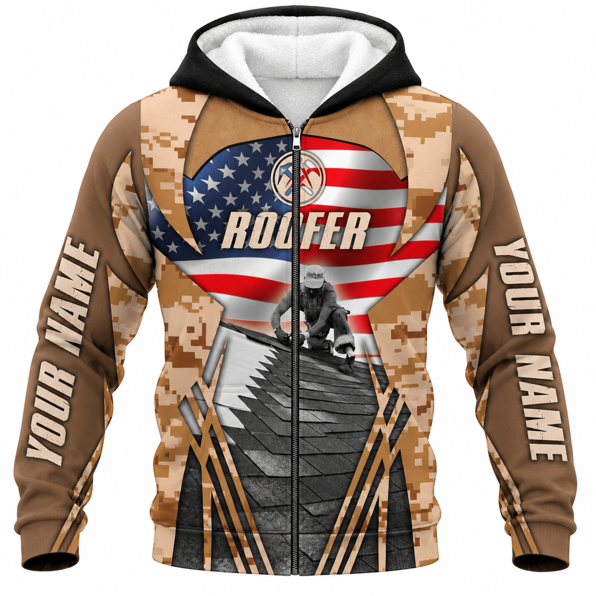 Roofer Fleece Zip Hoodie - Tan American Flag Roofer Scene - front view
