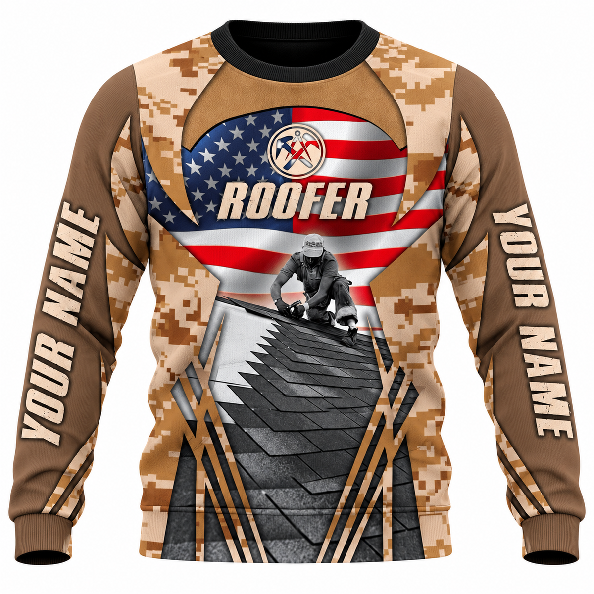 Roofer Sweatshirt - Tan American Flag Roofer Scene - front view