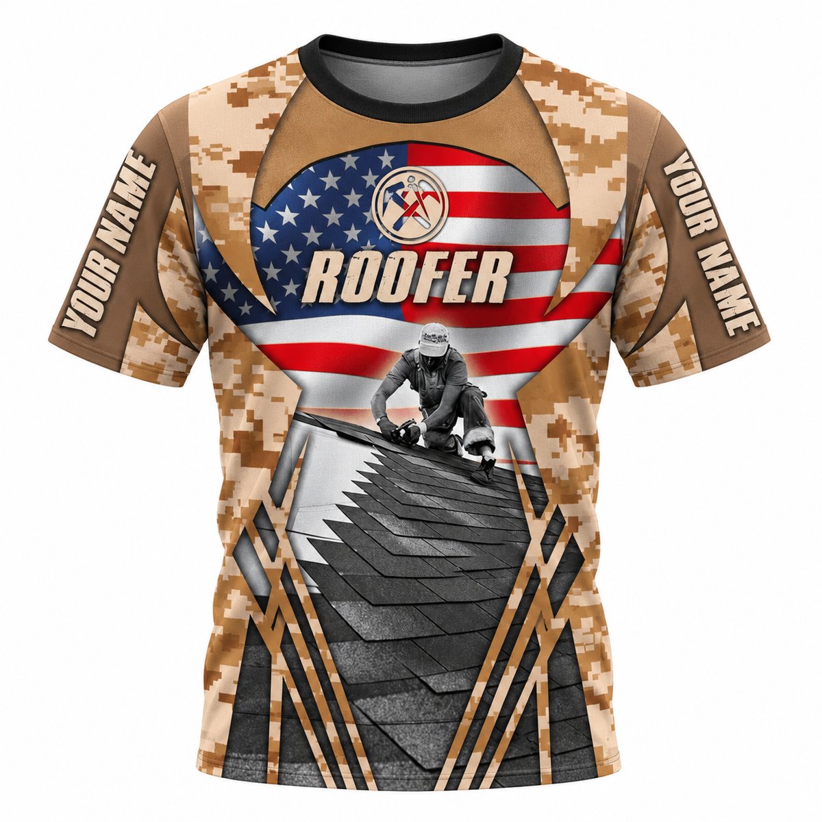 Roofer T-Shirt - Tan American Flag Roofer Scene - front view