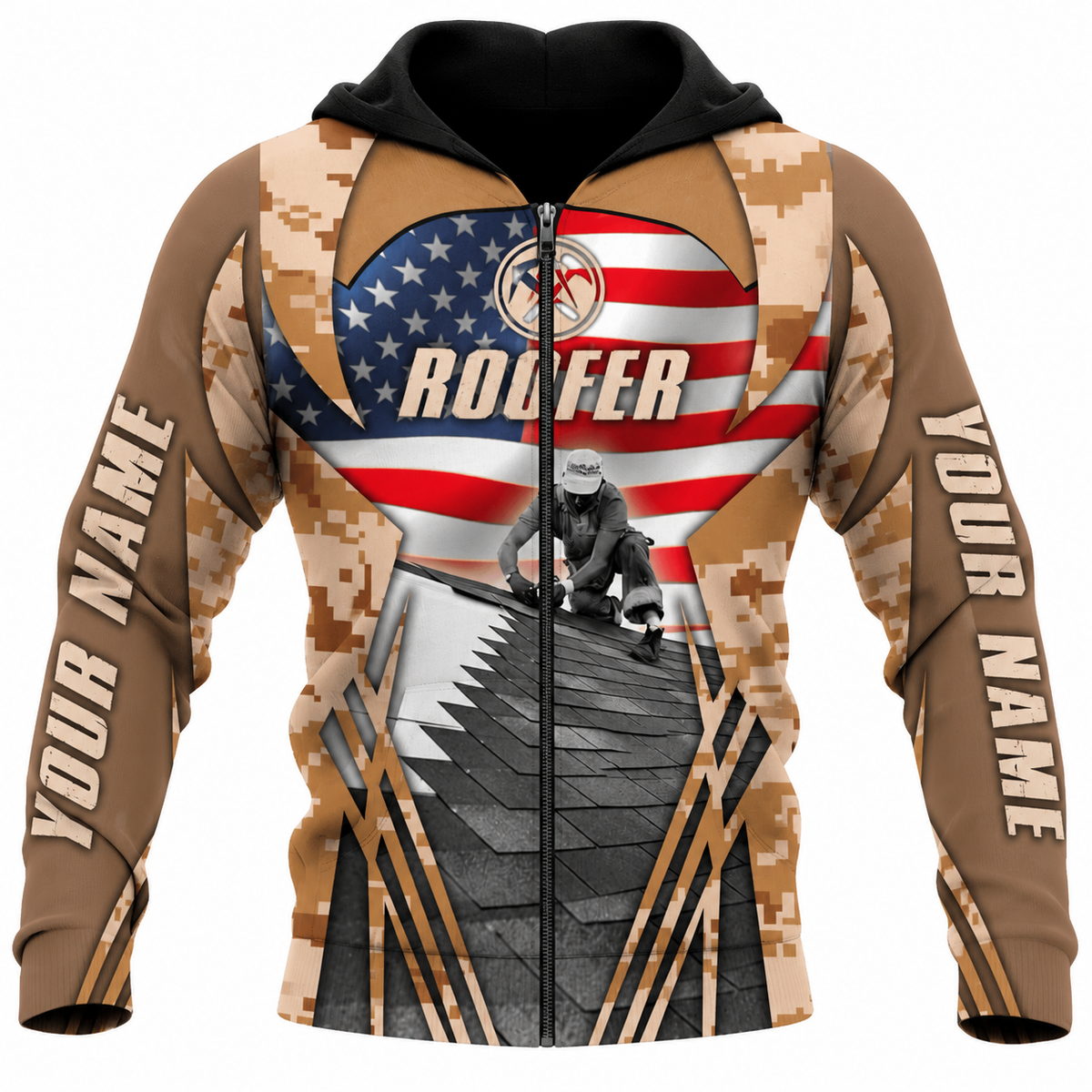 Roofer Zip Hoodie - Tan American Flag Roofer Scene - front view