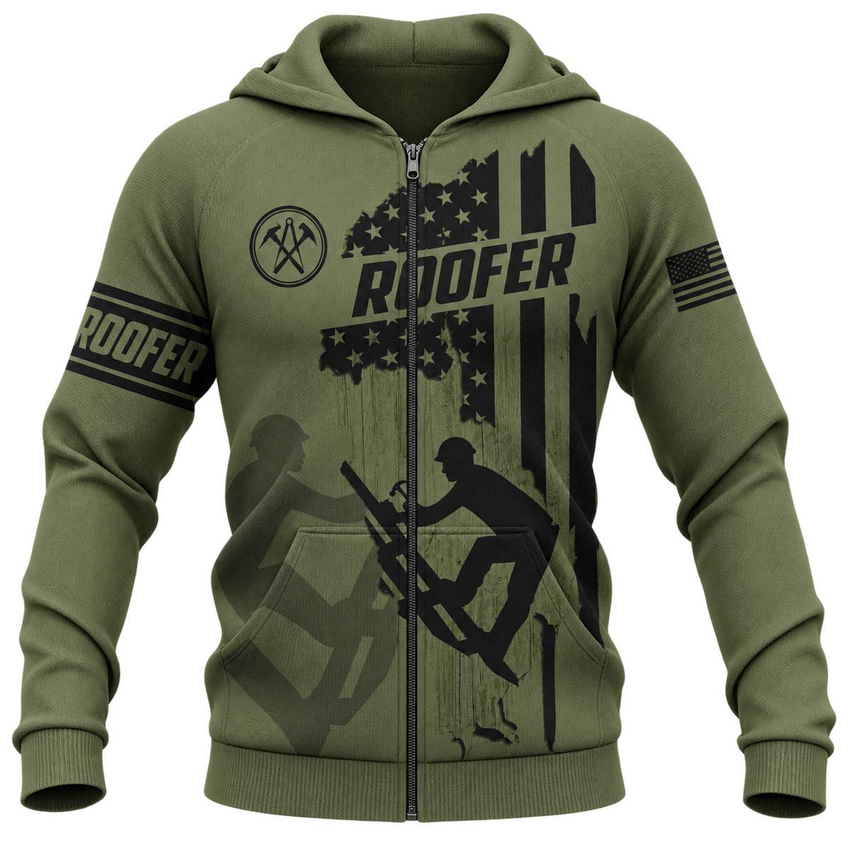 Roofer Zip Hoodie - Olive Green American Flag Roofer - front view