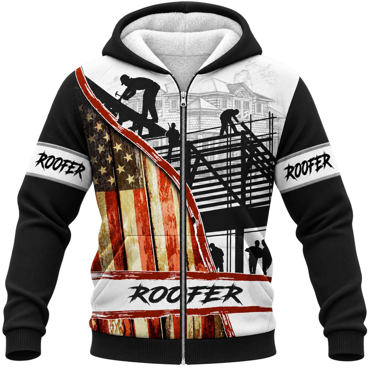 Roofer Fleece Zip Hoodie - Black White American Flag Roof Frame - front view