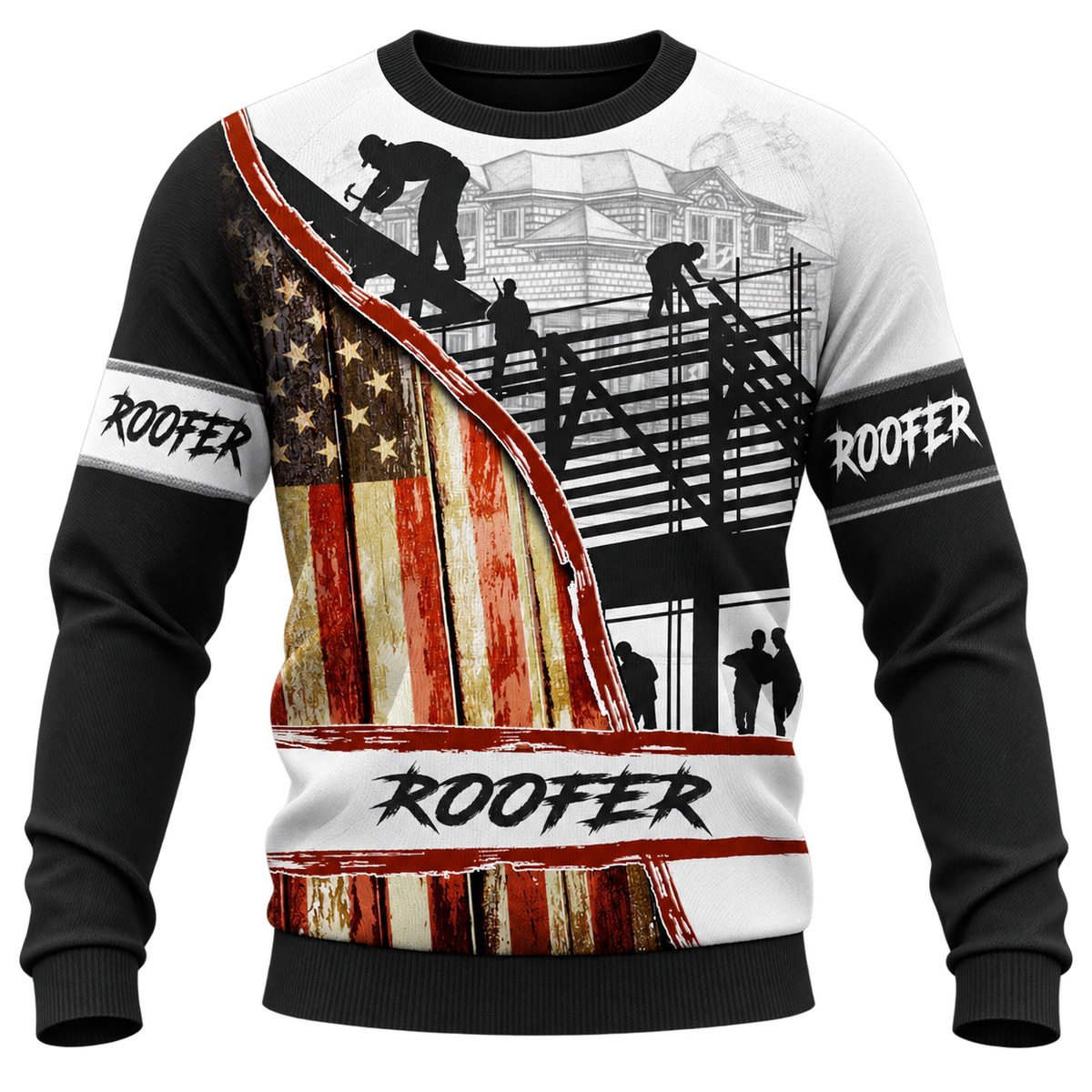 Roofer Sweatshirt - Black White American Flag Roof Frame - front view