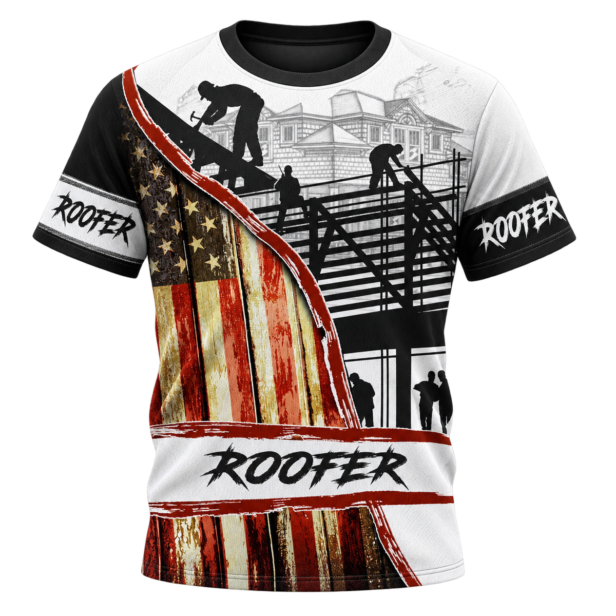 Roofer T-Shirt - Black White American Flag Roof Frame - front view
