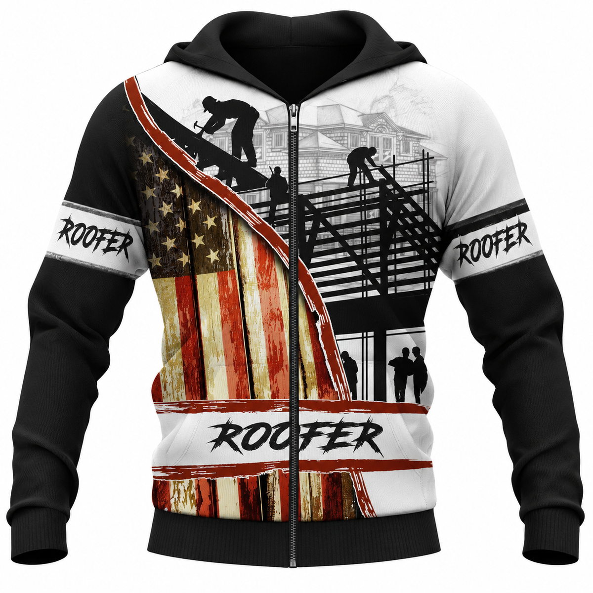 Roofer Zip Hoodie - Black White American Flag Roof Frame - front view