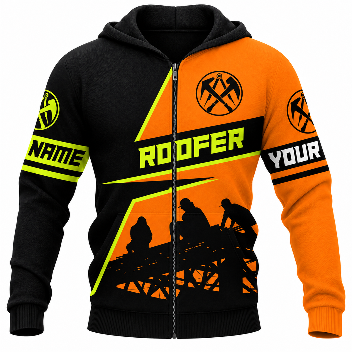 Roofer Zip Hoodie - Orange Black Roof Frame Silhouette - front view
