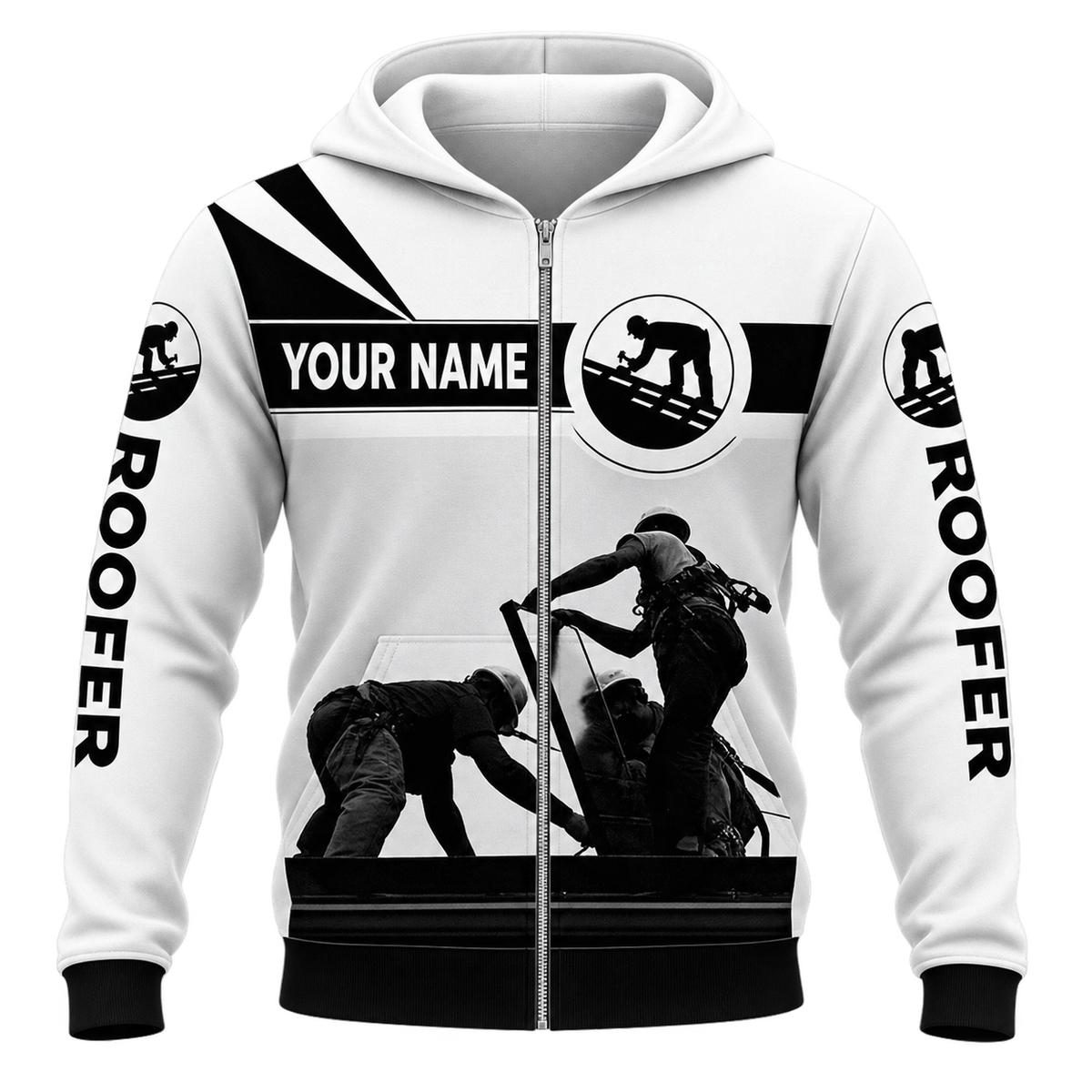 Roofer Zip Hoodie - White Roofer Silhouette - front view