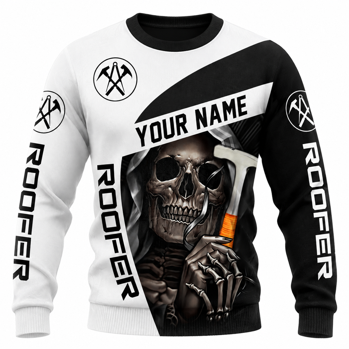 Roofer Sweatshirt - Black White Roofer Skull - front view
