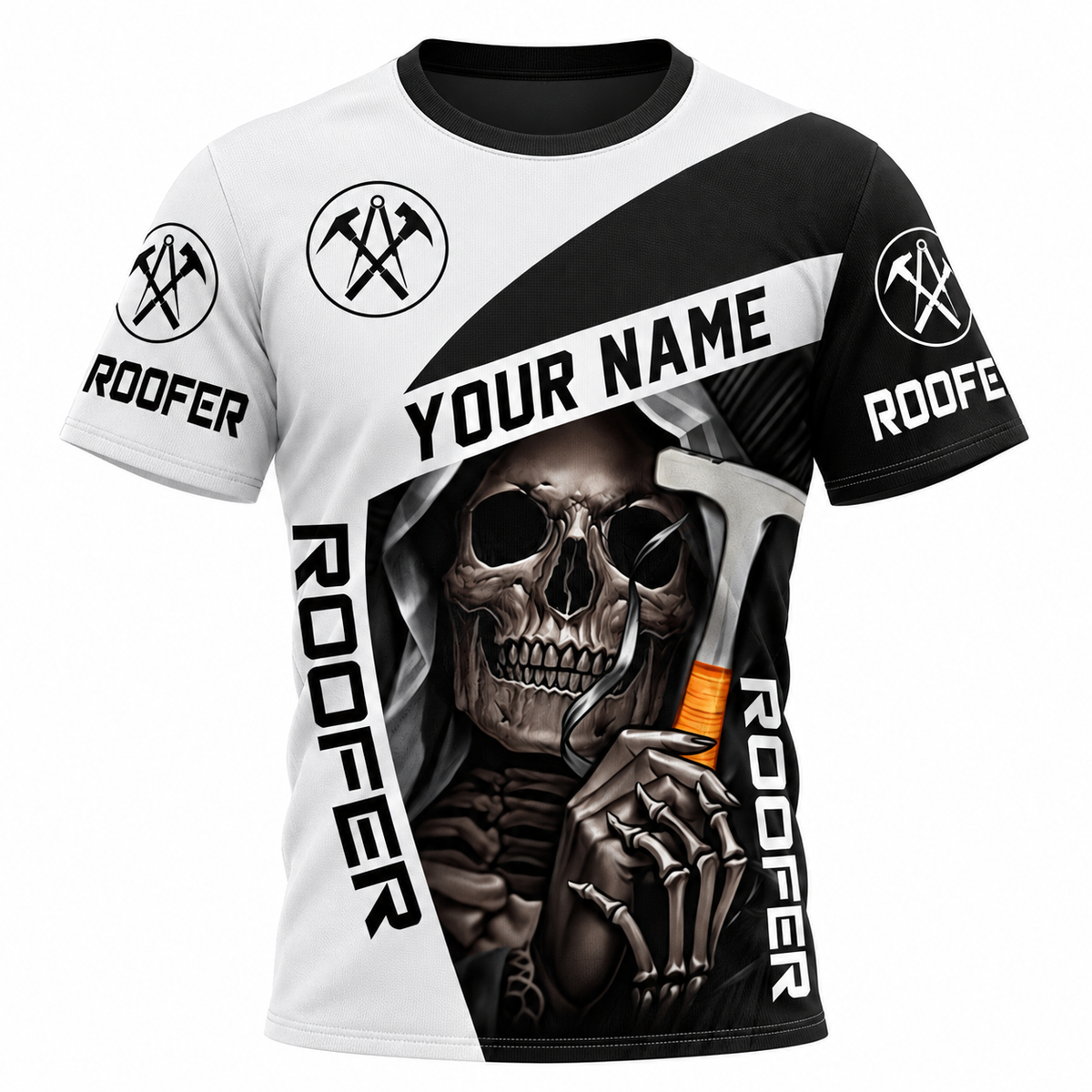 Roofer T-Shirt - Black White Roofer Skull - front view
