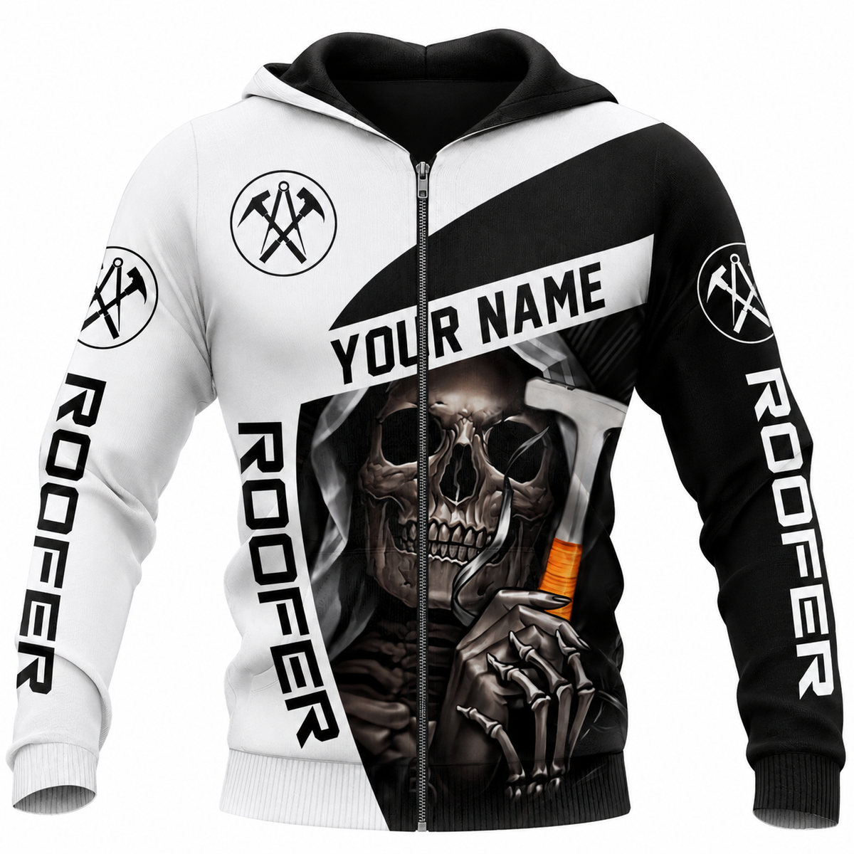 Roofer Zip Hoodie - Black White Roofer Skull - front view