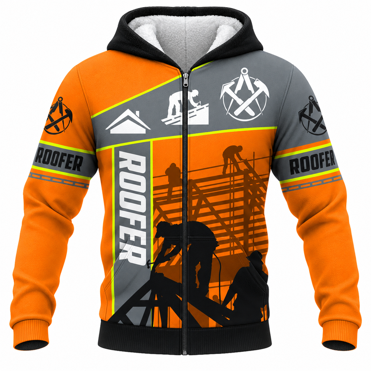 Roofer Fleece Zip Hoodie - Orange Grey Roof Frame - front view