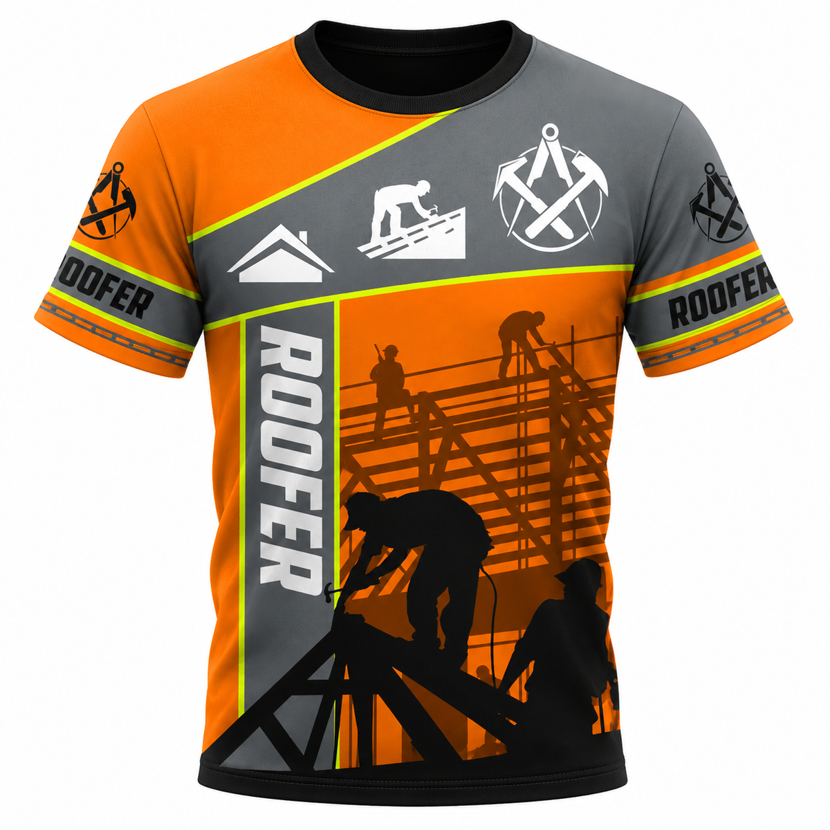 Roofer T-Shirt - Orange Grey Roof Frame - front view
