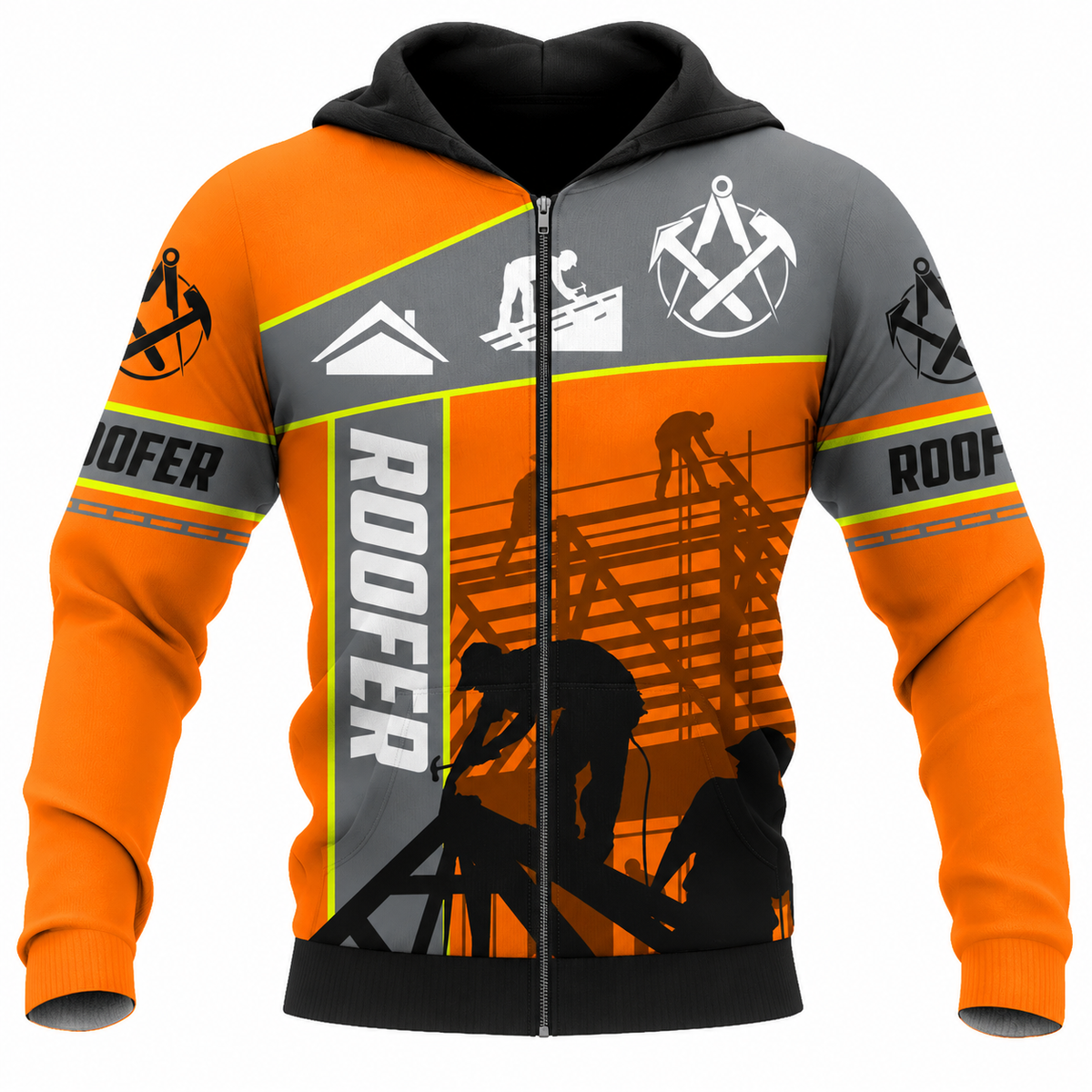 Roofer Zip Hoodie - Orange Grey Roof Frame - front view