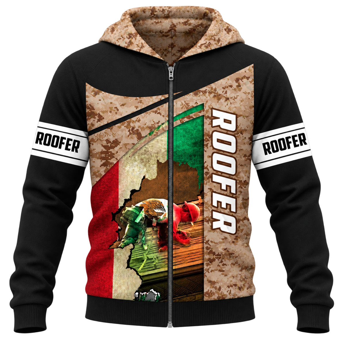 Roofer Zip Hoodie - Brown Mexican Flag Eagle - front view