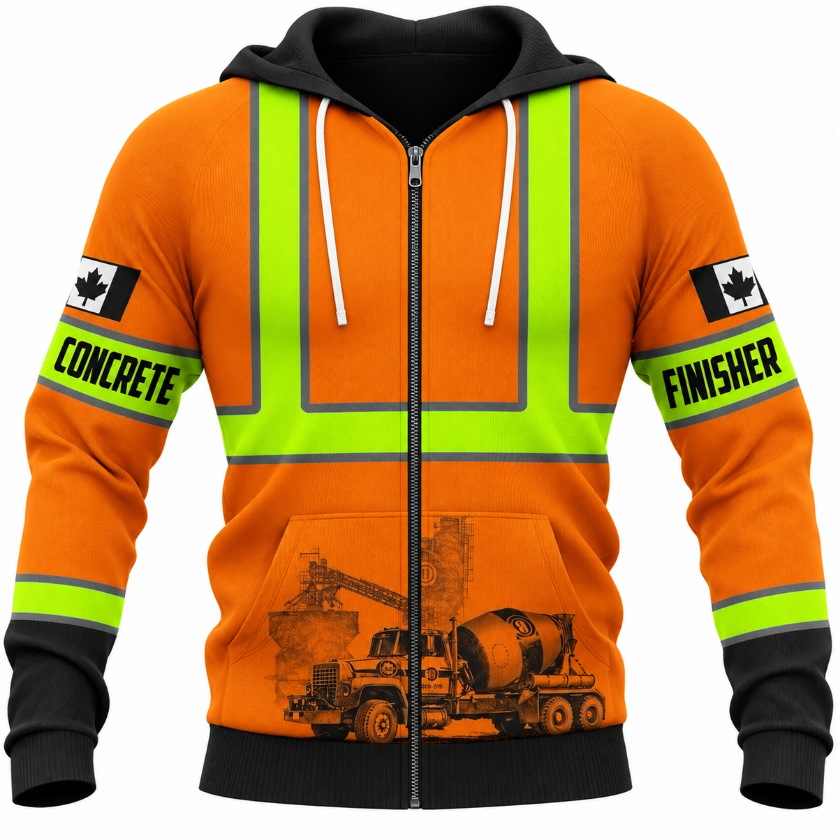 Concrete Finisher Hoodie & T-Shirt - Orange Vest Print And Nine To Five Quote – Zip Hoodie, front view