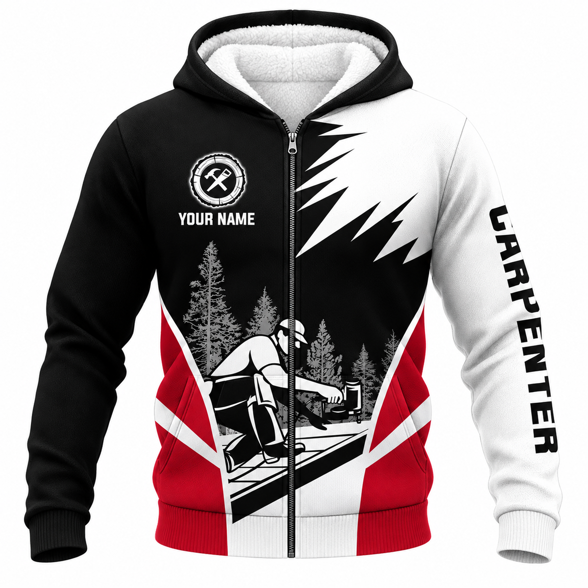 Personalized Carpenter Hoodie & T-Shirt - Black White Red Carpenter Illustration – Fleece Zip Hoodie, front view