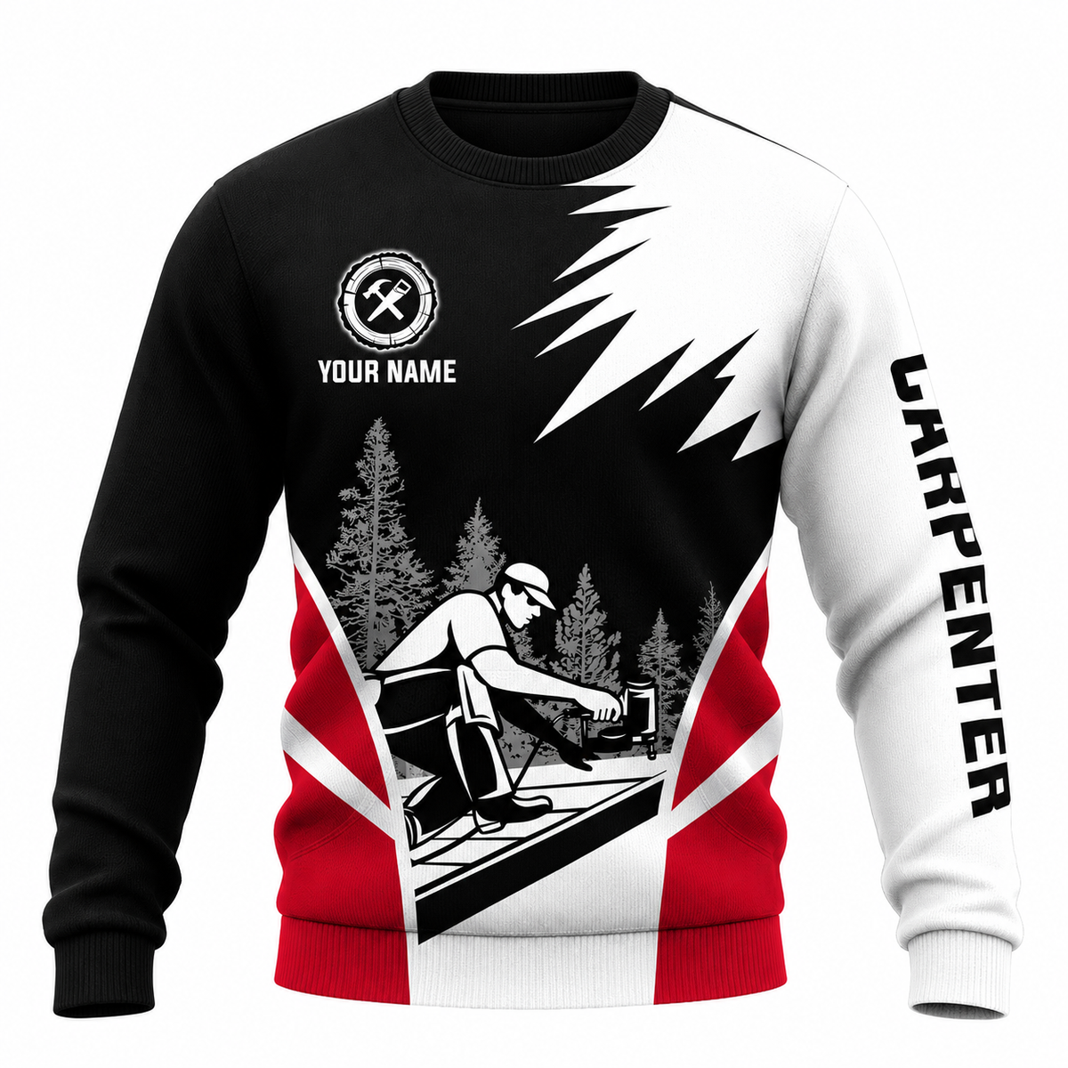 Personalized Carpenter Hoodie & T-Shirt - Black White Red Carpenter Illustration – Sweatshirt, front view