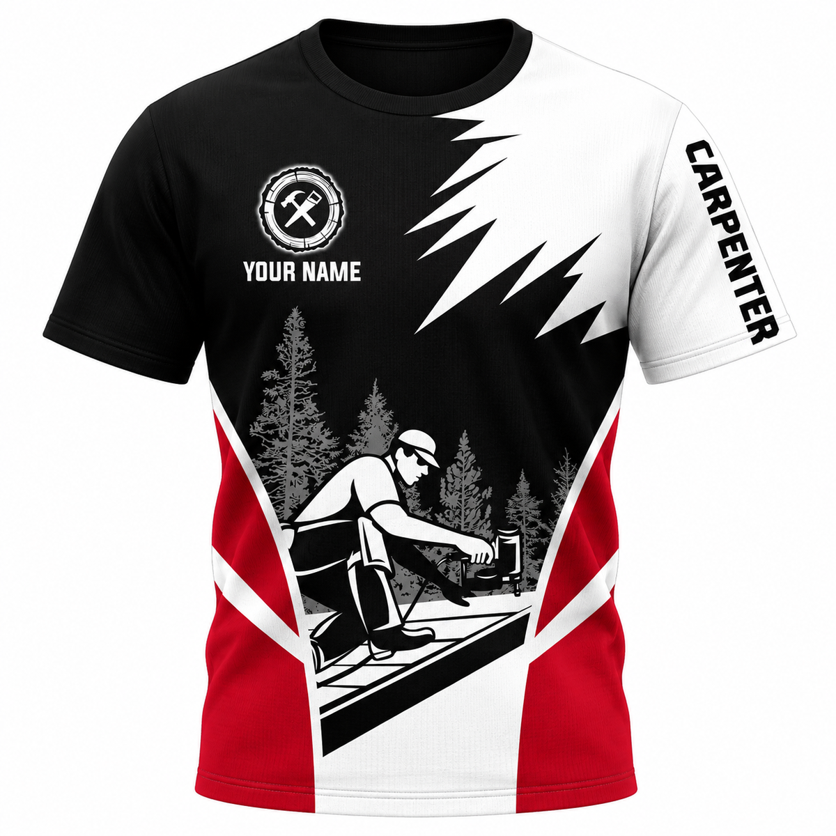 Personalized Carpenter Hoodie & T-Shirt - Black White Red Carpenter Illustration – T-Shirt, front view