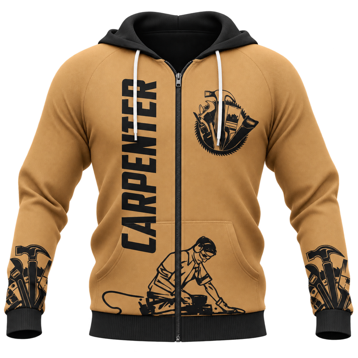 Personalized Carpenter Hoodie & T-Shirt - Tan Carpenter Lettering – Zip Hoodie, front view