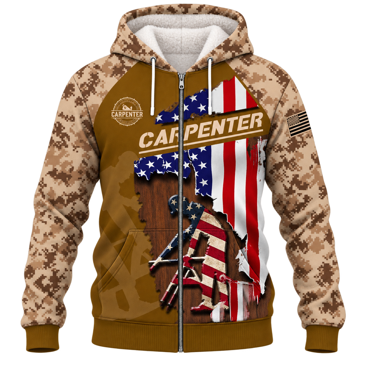 Personalized Carpenter Hoodie & T-Shirt - Tan Camouflage American Flag Carpenter – Fleece Zip Hoodie, front view